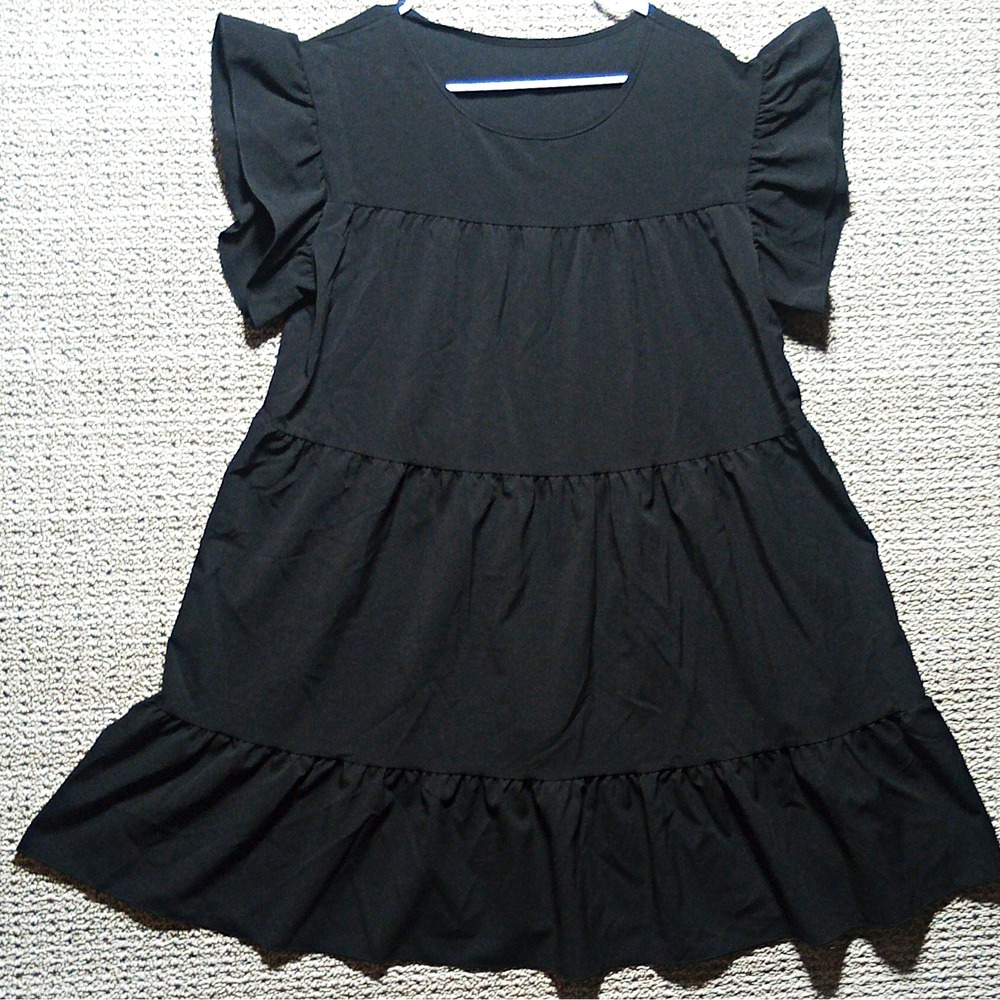 Women's L Black Solid Babydoll Short Dress Ruffle Flutter Sleeves K6